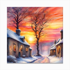Winter Village At Sunset Canvas Print