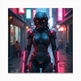 Cybernetic Bounty Hunter With Glowing Weapons, In A Neon Lit City Alley 1 Canvas Print