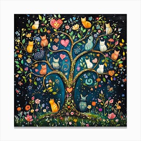 Folk Art Heart Tree Cat Climbing Artwork 4 Canvas Print