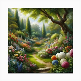 Realistic Oil Painting Of A Lush Garden Bursting With Colorful Flowers And Greenery, Style Realistic Oil Painting Canvas Print