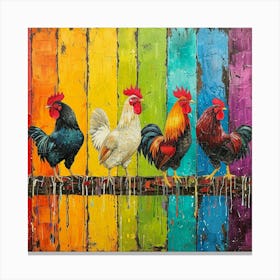 Rainbow Retro Chickens On The Fence 4 Canvas Print