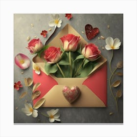 An open red and yellow letter envelope with flowers inside and little hearts outside 3 Canvas Print