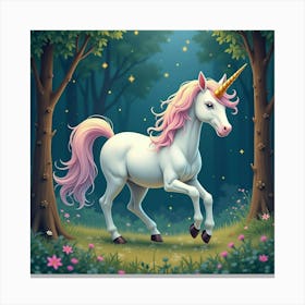 A Whimsical Unicorn With A Tail Of Cascading, Stardust Patterns Galloping Through A Dreamlike Forest Canvas Print