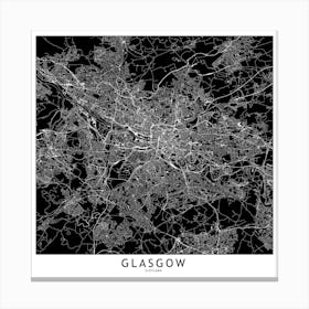 Glasgow Black And White Map Square Canvas Print