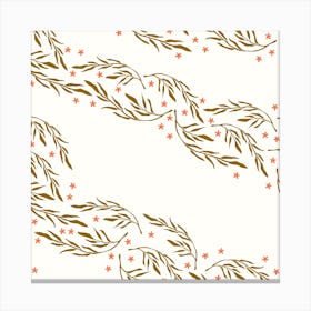 Golden Florals Pattern On White With Coral Flowers Square Canvas Print