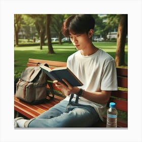 Young Asian Man Reading Book In Park Canvas Print