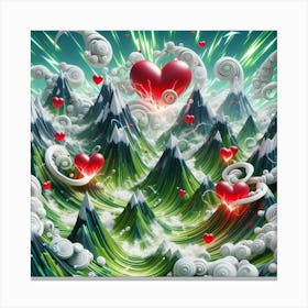 3 Dimensional Mountains With Multiple Green Lightning And White Swirls In A Vortex Of 3 Red Hearts Canvas Print