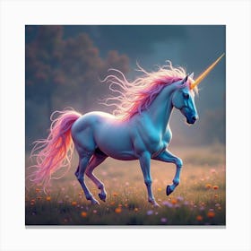 A Mythical Unicorn With A Mane Of Glowing, Fractal Colors Galloping Through A Surreal Meadow Canvas Print