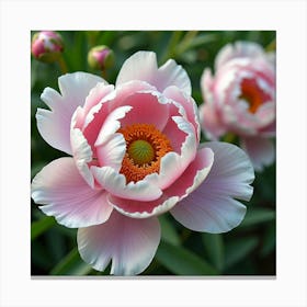 Peacock Among Garden Peonies 1 Canvas Print