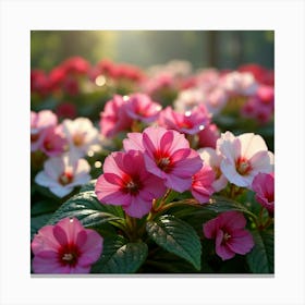 A Lush Garden Of Vibrant Pink And White Begonias With Morning Dew 3 Canvas Print