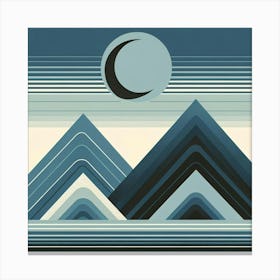 "Crescent Moon over Monochromatic Mountains"  This graphic illustration features monochromatic mountains under a crescent moon, composed in a striking array of blues and greys, accented with clean horizontal lines. It's an artistic expression that combines the tranquil majesty of mountainous landscapes with the mystery of a night sky, ideal for modern decor enthusiasts seeking a blend of serenity and sophistication in their space. Canvas Print