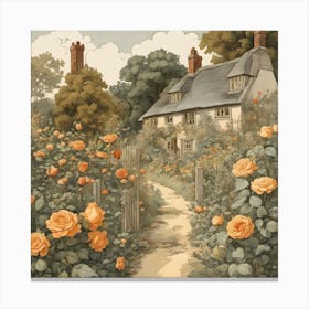 Peach Roses And Cottage Canvas Print
