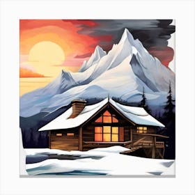 Abstract painting snow mountain and wooden hut 2 Canvas Print