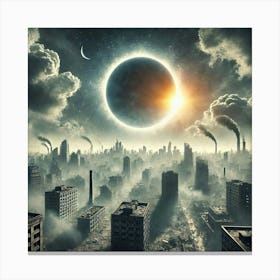 Solar Eclipse Over A Post Apocalyptic City AI Canvas Print