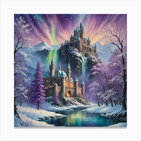 Castle With Waterfall In Midst Of Snowy Mountain Canvas Print