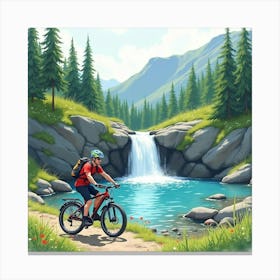 Mountain Bike By A Crystal Clear Waterfall Watercolor 1 Canvas Print