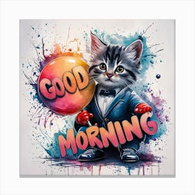 Confident Kitten A Vivid Watercolor Splash Art With Bold Graffiti Typography (3) Canvas Print