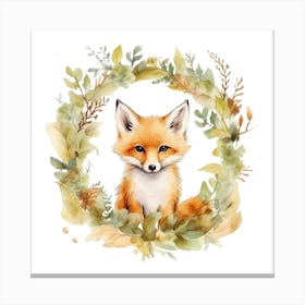 Watercolor Fox In A Wreath Canvas Print