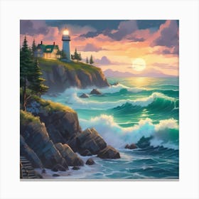 Lighthouse At Sunset Landscape 5 Canvas Print
