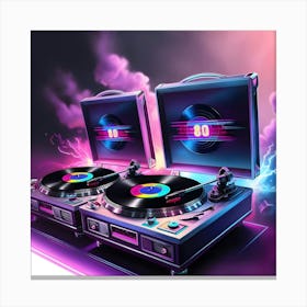 A Highly Detailed, Ultra High Resolution Illustration Of Two Vintage Turntables Spinning Vinyl Records, Blasting Vibrant, Neon Lit 80 S Music, Set Against A Moody, Smoky Background With Subtle Gradient Effects 3 Canvas Print