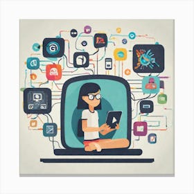 Girl With Laptop And Social Media Icons Canvas Print