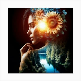 Double Exposure Dreamscape Woman With Sunflowers and Forest River Canvas Print