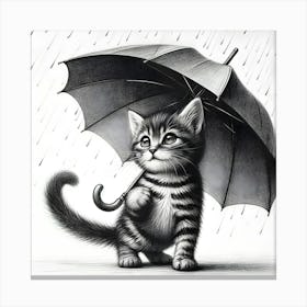 A Black And White Pencil Sketch Of A Cat Holding An Umbrella 3 Canvas Print