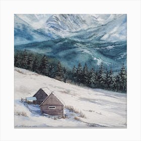 Landscape Watercolor Winter In The Capethians Mountain Square Canvas Print
