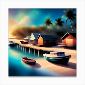 Sunset At The Beach- Tropical beach setting with traditional boats anchored ashore. Vivid blue skies complement the serene sea view with a lush palm tree in the foreground Canvas Print