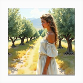 A Watercolor Portrait Of A Lovely Greek Woman Amidst The Tranquil Beauty Of An Olive Grove 1 Canvas Print