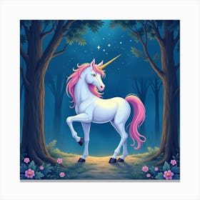 Majestic Unicorn In A Starlit Forest, Watercolor 1 Canvas Print