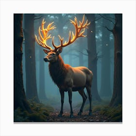 A Majestic Stag With Antlers Of Glowing, Celestial Patterns Standing In A Dreamlike Forest Canvas Print