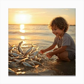 Little Boy Playing With Fish Canvas Print