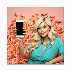 Woman Holding Smart Phone In A Sea Of Shrimp Canvas Print