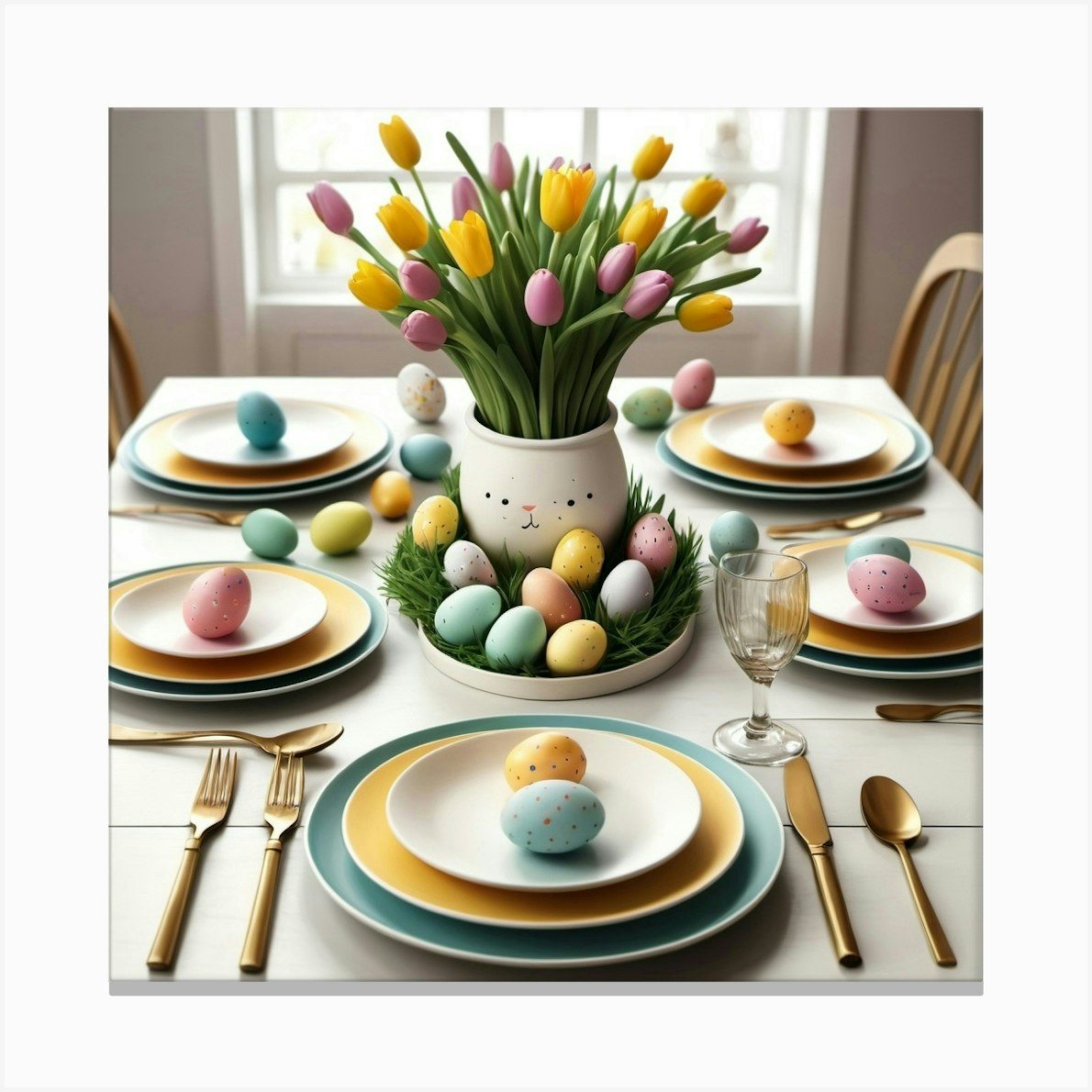 Photo Of Easter Table Setting With Dyed Eggs And A Bouquet Of Tulips Toile
