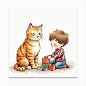 A Scottish Fold Cat And A Child Playing With Building Blocks, Watercolor 1 Canvas Print