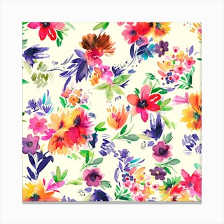 Painterly Tropical Flowers Square Canvas Print