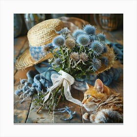 There Is A Rustic Atmosphere On The Old Floor There Is A Bouquet Of Scottish Thistles Light Blue 793962442 Canvas Print