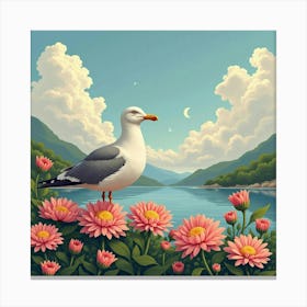 Seagull Near Blooming Chrysanthemums 1 Canvas Print