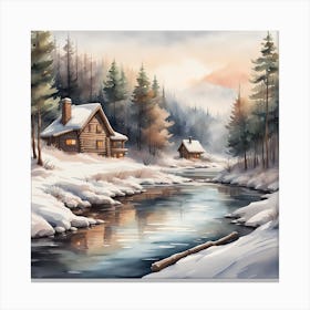 Winter Cabin By The River Canvas Print
