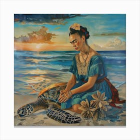 Frida Kahlo With Sea Turtle. Animal Conservation Series 1 Canvas Print