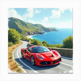 A Ferrari In Watercolor On A Winding Coastal Road With Ocean Views 1 Canvas Print