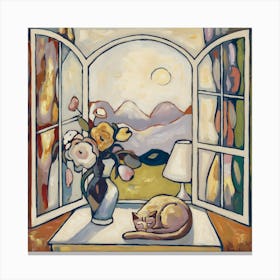 Matisse open window Vibrant Fauvism Artwork Featuring Relaxing Cat with outside landscape Stampe su tela