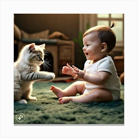 Baby Playing With Cat 1 Canvas Print