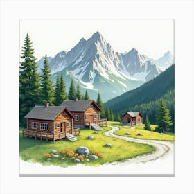 Scenic Mountain Lodge In Watercolor, With Log Cabins And Forest Views Canvas Print