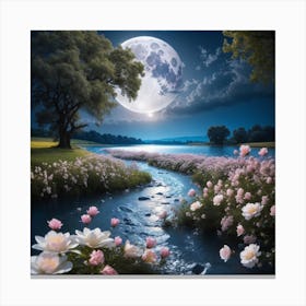 Full Moon Over Flowers Canvas Print