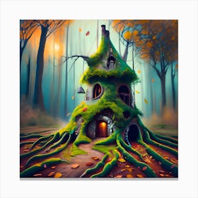 Fairy House Art Print, intense, dynamic, autumn, tree stump, leaves, ancient forest Canvas Print