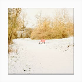 A red bench in the snow park Canvas Print