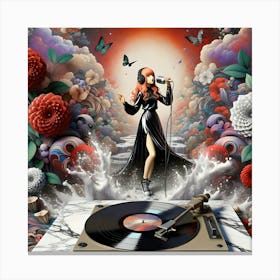 Girl With A Record Player Canvas Print