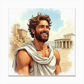 A Watercolor Illustration Of A Greek Man With A Warm Smile And A Classic Backdrop 1 Canvas Print